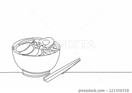 Continuous one line drawing ramen with various toppings. Protein that complements carbohydrates. Served to customers. Homemade treats. National Ramen Day. Single line draw design vector illustration 121350728