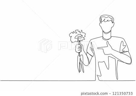 Single one line drawing man holding some carrots with the tips of the leaves still thick. Plays role in bone health. Carbohydrate. International Carrot Day. Continuous line design graphic illustration 121350733
