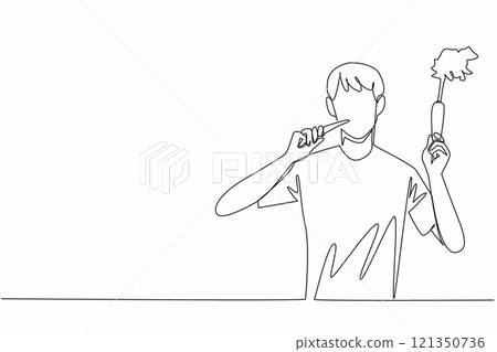 Continuous one line drawing man hold carrot and eating it. Eat straight away without boiling. Vitamin content is still complete. International Carrot Day. Single line draw design vector illustration 121350736
