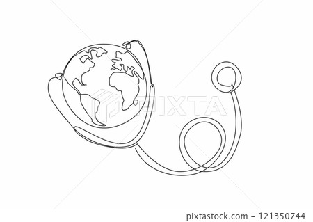Single one line drawing stethoscope attached to globe. The earth plays a role in maintaining health. Public health is a priority. Care. World Health Day. Continuous line design graphic illustration 121350744