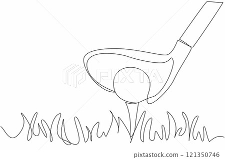 Single one line drawing golf ball on the grass and behind it is a golf club. Taking a running start to make it easier to hit. Preparation before hitting. Continuous line design graphic illustration 121350746