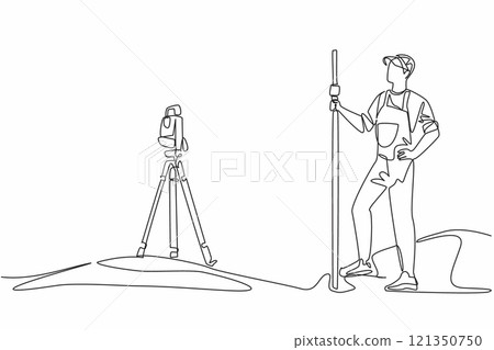 Continuous one line drawing man measures land using total station. New project plan. Measuring angles and distances. Theodolite. The expert. Geologists Day. Single line draw design vector illustration 121350750