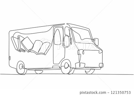 Single continuous line drawing school bus with pictures of books on the side of body. Positive activities to increase interest in reading. National Bookmobile Day. One line design vector illustration Single continuous line drawing school bus with pictures of books on the side of body. Positive activities to increase interest in reading. National Bookmobile Day. One line design vector illustration 121350753