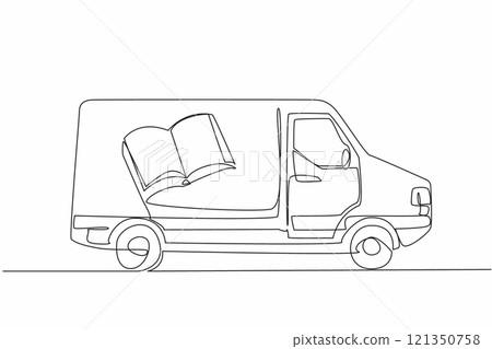 Continuous one line drawing a van with pictures of books on the side of its body. Modifying cars with a noble purpose. Educational. National Bookmobile Day. Single line draw design vector illustration Continuous one line drawing a van with pictures of books on the side of its body. Modifying cars with a noble purpose. Educational. National Bookmobile Day. Single line draw design vector illustration 121350758