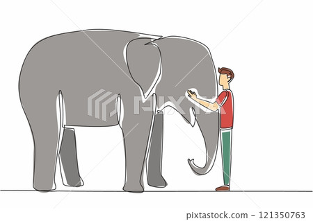 Single continuous line drawing adult man wearing casual trousers standing hugging elephant trunk. Give a form of affection. Animal lover. National Zoo Lovers Day. One line design vector illustration Single continuous line drawing adult man wearing casual trousers standing hugging elephant trunk. Give a form of affection. Animal lover. National Zoo Lovers Day. One line design vector illustration 121350763