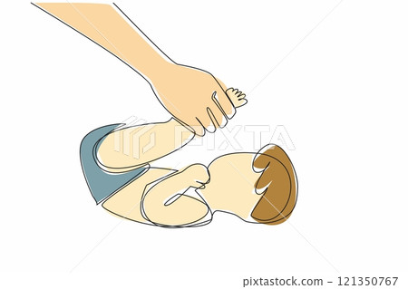 Single continuous line drawing baby massaged with both legs lifted. Stretching. Makes the baby more relaxed. Do it with warm baby oil. Affection. Baby Massage Day. One line design vector illustration Single continuous line drawing baby massaged with both legs lifted. Stretching. Makes the baby more relaxed. Do it with warm baby oil. Affection. Baby Massage Day. One line design vector illustration 121350767