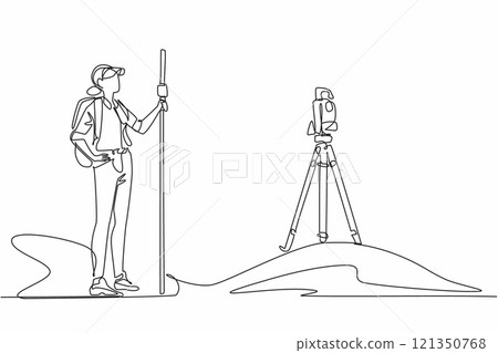 Continuous one line drawing a woman measures land using total station. The expert who is making the mapping. Measure angles automatically. Geologists Day. Single line draw design vector illustration 121350768