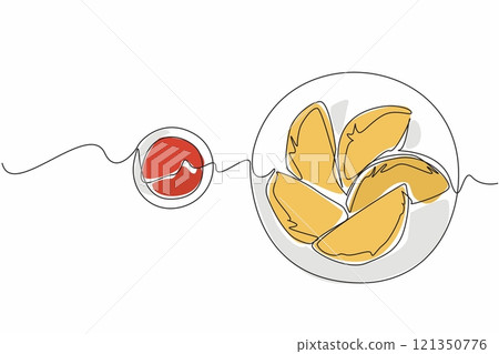Single one line drawing 5 pcs empanadas on a small round plate and make a circle line. Freshly cooked food. Sauce as a complement. National Empanada Day. Continuous line design graphic illustration Single one line drawing 5 pcs empanadas on a small round plate and make a circle line. Freshly cooked food. Sauce as a complement. National Empanada Day. Continuous line design graphic illustration 121350776