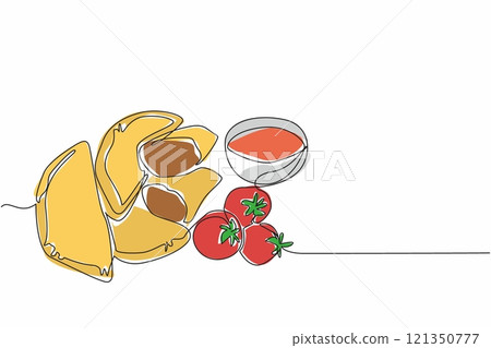 Continuous one line drawing stacked empanadas empanadas split in half. It tastes better when eaten with tomatoes and sauce. Yummy. National Empanada Day. Single line draw design vector illustration 121350777