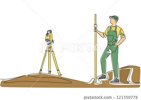 Continuous one line drawing man measures land using total station. New project plan. Measuring angles and distances. Theodolite. The expert. Geologists Day. Single line draw design vector illustration 121350778