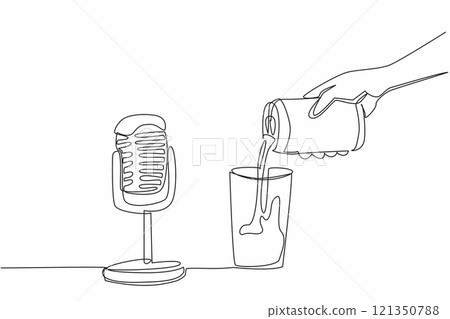 Single one line drawing hand pouring canned drink into glass with a mic. Creates a soothing sound effect when heard. Flowing softly. International ASMR Day. Continuous line design graphic illustration 121350788