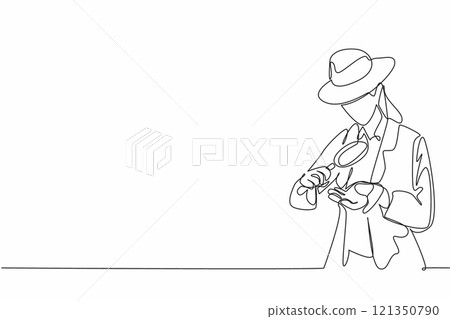 Single continuous line drawing a young woman looks at a rock in one of her hands using a magnifier. Hire experts for maximum results. Satisfying. Geologists Day. One line design vector illustration 121350790