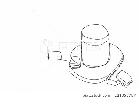 Single continuous line drawing caramel liquid in a closed jar and caramel pieces in squares. Melted caramel candies. A delicious savory taste. National Caramel Day. One line design vector illustration 121350797
