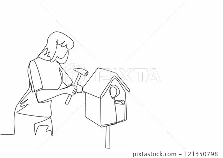 Single continuous line drawing a woman making a wooden birdhouse. Expressing creativity with tools. Home for new pets. Strong woman. Creative. National DIY Day. One line design vector illustration 121350798