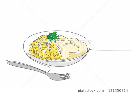Single continuous line drawing fettuccini carbonara dish ready to be served. Creamy sauce that adds deliciousness to mouth. Amazing taste. National Carbonara Day. One line design vector illustration Single continuous line drawing fettuccini carbonara dish ready to be served. Creamy sauce that adds deliciousness to mouth. Amazing taste. National Carbonara Day. One line design vector illustration 121350814