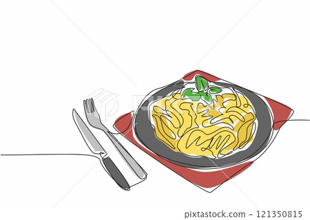 Single continuous line drawing fettuccine carbonara on a black round plate. Served in a classic way. Use a fork and knife to eat it. Savory. National Carbonara Day. One line design vector illustration Single continuous line drawing fettuccine carbonara on a black round plate. Served in a classic way. Use a fork and knife to eat it. Savory. National Carbonara Day. One line design vector illustration 121350815