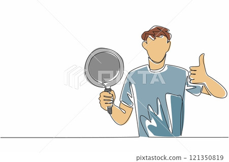 Single one line drawing man hold teflon pan and making thumbs up gesture. Makes cooking and cleaning easier. Perfectly cooked food. National Teflon Day. Continuous line design graphic illustration Single one line drawing man hold teflon pan and making thumbs up gesture. Makes cooking and cleaning easier. Perfectly cooked food. National Teflon Day. Continuous line design graphic illustration 121350819