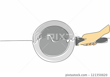 Single continuous line drawing hand holding a standing teflon pan. Amazingly clean. After use it does not leave any stains. Cooking ware. National Teflon Day. One line design vector illustration Single continuous line drawing hand holding a standing teflon pan. Amazingly clean. After use it does not leave any stains. Cooking ware. National Teflon Day. One line design vector illustration 121350820