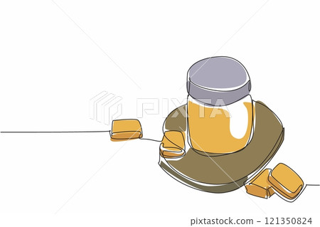 Single continuous line drawing caramel liquid in a closed jar and caramel pieces in squares. Melted caramel candies. A delicious savory taste. National Caramel Day. One line design vector illustration 121350824