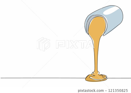 Single one line drawing caramel liquid poured from a jar. Sweet. Sauce. Cream. So delicious in the mouth. Savory ingredients. Tasty. National Caramel Day. Continuous line design graphic illustration 121350825