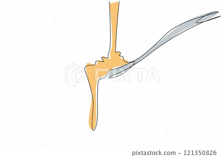 Continuous one line drawing caramel liquid poured into a spoon. Want to taste the extraordinary pleasure in the mouth. Sweetness. National Caramel Day. Single line draw design vector illustration 121350826