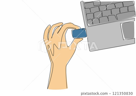Continuous one line drawing hand inserting a flash drive into the laptop. Transferring important data. Doing copy paste. Tech. National Flash Drive Day. Single line draw design vector illustration 121350830
