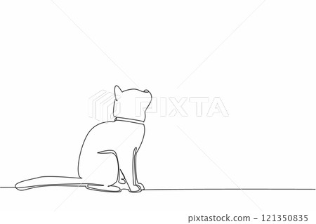 Single continuous line drawing siamese cat posing. Pet tag necklace around the neck. Look up. Seeing and observing flying prey. Cheerful. National Siamese Cat Day. One line design vector illustration 121350835