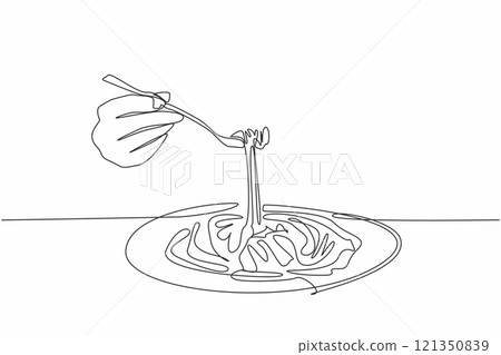 Single one line drawing hand forking spaghetti from a round plate. Taste the traditional food that has been served. Gourmet. Yummy. National Carbonara Day. Continuous line design graphic illustration Single one line drawing hand forking spaghetti from a round plate. Taste the traditional food that has been served. Gourmet. Yummy. National Carbonara Day. Continuous line design graphic illustration 121350839
