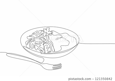 Single continuous line drawing fettuccini carbonara dish ready to be served. Creamy sauce that adds deliciousness to mouth. Amazing taste. National Carbonara Day. One line design vector illustration 121350842