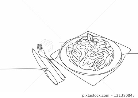 Single continuous line drawing fettuccine carbonara on a black round plate. Served in a classic way. Use a fork and knife to eat it. Savory. National Carbonara Day. One line design vector illustration 121350843