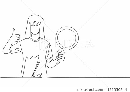 Continuous one line drawing woman hold teflon pan and making thumbs up gesture. Impressive cooking experience. Non-stick. Spectacular. National Teflon Day. Single line draw design vector illustration 121350844