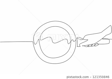 Single continuous line drawing hand holding a standing teflon pan. Amazingly clean. After use it does not leave any stains. Cooking ware. National Teflon Day. One line design vector illustration 121350846