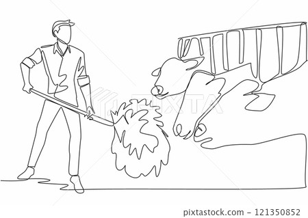 Single continuous line drawing male farmer raking grass giving it to cows. Good quality grass for livestock nutrition. Reliable breeder. National Farm Animals Day. One line design vector illustration 121350852