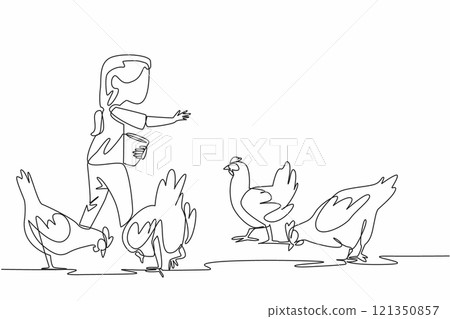 Single one line drawing a girl carrying small bucket and sprinkling food on chickens. First experience of feeding. Best feeling. National Farm Animals Day. Continuous line design graphic illustration Single one line drawing a girl carrying small bucket and sprinkling food on chickens. First experience of feeding. Best feeling. National Farm Animals Day. Continuous line design graphic illustration 121350857
