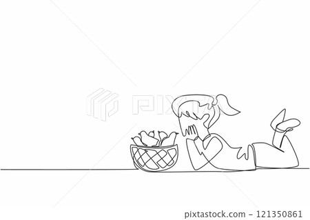 Continuous one line drawing the little girl prone giving kisses to the chicks in the basket. Cute newly hatched chicks. Happy. National Farm Animals Day. Single line draw design vector illustration Continuous one line drawing the little girl prone giving kisses to the chicks in the basket. Cute newly hatched chicks. Happy. National Farm Animals Day. Single line draw design vector illustration 121350861