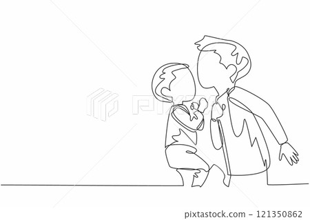 Single continuous line drawing boy kisses his forehead of baby brother. Loves with all the heart. Admirable and adorable behavior. Asleep. National Siblings Day. One line design vector illustration Single continuous line drawing boy kisses his forehead of baby brother. Loves with all the heart. Admirable and adorable behavior. Asleep. National Siblings Day. One line design vector illustration 121350862