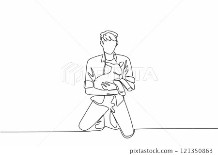 Continuous one line drawing male farmer kneeling while holding a lamb. Weighing the estimated weight. Get the best nutrition. National Farm Animals Day. Single line draw design vector illustration Continuous one line drawing male farmer kneeling while holding a lamb. Weighing the estimated weight. Get the best nutrition. National Farm Animals Day. Single line draw design vector illustration 121350863