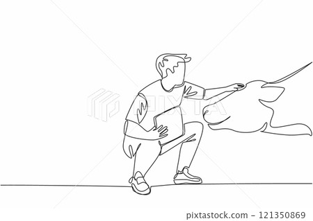 Single continuous line drawing male farmer kneel with clipboard and stroking head of cow. Weekly report notes. Ideal weight of livestock. National Farm Animals Day. One line design vector illustration 121350869