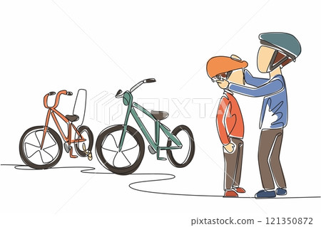 Single continuous line drawing Big brother helps put bike helmet on his little brother. Commendable traits. Family members love each other. National Siblings Day. One line design vector illustration 121350872