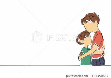 Single one line drawing two brothers hugging each other. After the conflict subsided, they forgave each other. Small disputes. Calm. National Siblings Day. Continuous line design graphic illustration 121350887