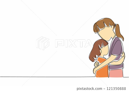 Continuous one line drawing two sisters hugging each other. Longing hug. Body language that speaks. Love each other. Sisterhood. National Siblings Day. Single line draw design vector illustration Continuous one line drawing two sisters hugging each other. Longing hug. Body language that speaks. Love each other. Sisterhood. National Siblings Day. Single line draw design vector illustration 121350888
