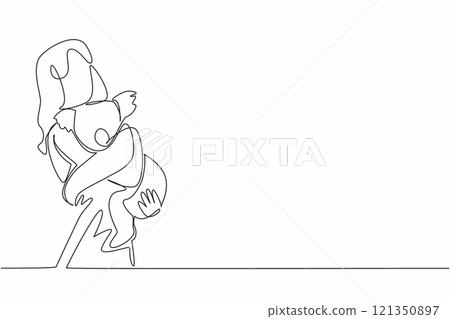 Single one line drawing woman in casual clothes hugging koala. Adorable animal with thick fur. Marsupials originate from Australia. National Zoo Lovers Day. Continuous line design graphic illustration Single one line drawing woman in casual clothes hugging koala. Adorable animal with thick fur. Marsupials originate from Australia. National Zoo Lovers Day. Continuous line design graphic illustration 121350897