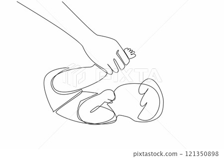 Single continuous line drawing baby massaged with both legs lifted. Stretching. Makes the baby more relaxed. Do it with warm baby oil. Affection. Baby Massage Day. One line design vector illustration Single continuous line drawing baby massaged with both legs lifted. Stretching. Makes the baby more relaxed. Do it with warm baby oil. Affection. Baby Massage Day. One line design vector illustration 121350898