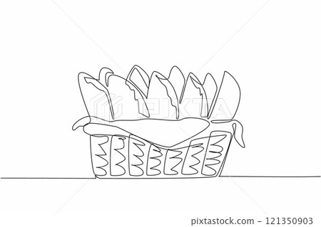 Single one line drawing empanadas neatly arranged in rattan wicker with napkins. Delivery package in the form of traditional food. National Empanada Day. Continuous line design graphic illustration Single one line drawing empanadas neatly arranged in rattan wicker with napkins. Delivery package in the form of traditional food. National Empanada Day. Continuous line design graphic illustration 121350903