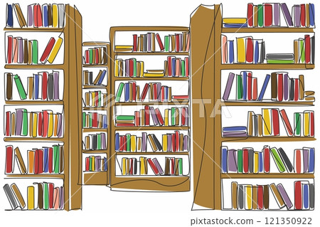 Single continuous line drawing bookcases lined up to create a corridor. The layout of the library makes it easy for visitors. Decoration. National Library Day. One line design vector illustration 121350922