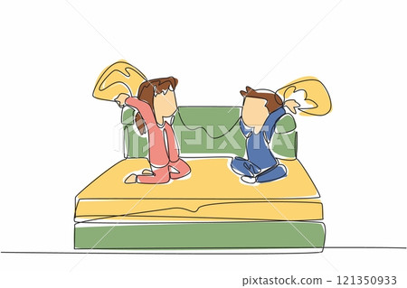 Single one line drawing boy and girl in pajamas sitting on the bed hold a pillow. Activities before going to bed at night. International Pillow Fight Day. Continuous line design graphic illustration Single one line drawing boy and girl in pajamas sitting on the bed hold a pillow. Activities before going to bed at night. International Pillow Fight Day. Continuous line design graphic illustration 121350933