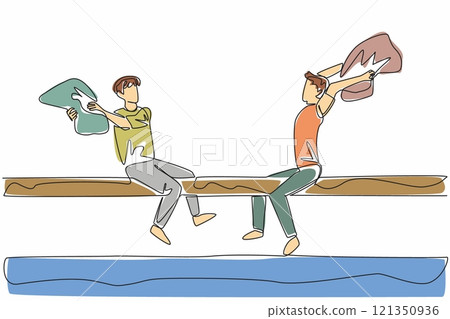 Single one line drawing 2 adult men sitting on large log underneath pool holding pillows. Contest. The wet one is the loser. International Pillow Fight Day. Continuous line design graphic illustration Single one line drawing 2 adult men sitting on large log underneath pool holding pillows. Contest. The wet one is the loser. International Pillow Fight Day. Continuous line design graphic illustration 121350936