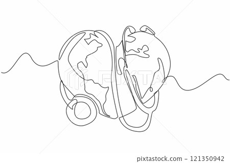 Continuous one line drawing heart-shaped globe wrapped around a stethoscope. Environmental factors on human health. Medical care. Healthy. World Health Day. Single line draw design vector illustration Continuous one line drawing heart-shaped globe wrapped around a stethoscope. Environmental factors on human health. Medical care. Healthy. World Health Day. Single line draw design vector illustration 121350942