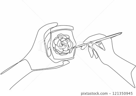 Single one line drawing two hands painting roses on jar using paint brush. Decorate to make it more beautiful and pleasing to eye. National Handmade Day. Continuous line design graphic illustration 121350945