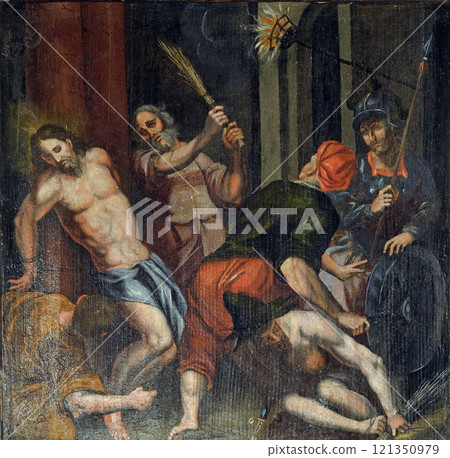 Flagellation of Christ, altarpiece in the Church of the Saint Barbara in Velika Mlaka, Croatia 121350979